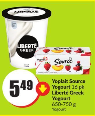 Chalo FreshCo Yoplait source yogourt 16 pk liberté greek yogourt 650-750 g offer