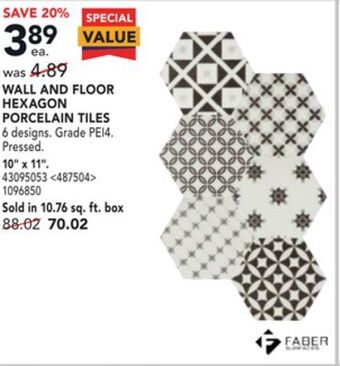 RONA Faber wall and floor hexagon porcelain tiles 10" x 11" offer