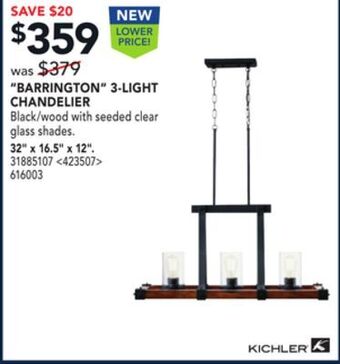 RONA Kichler "barrington" 3-light chandelier, 32" x 16.5" x 12". offer