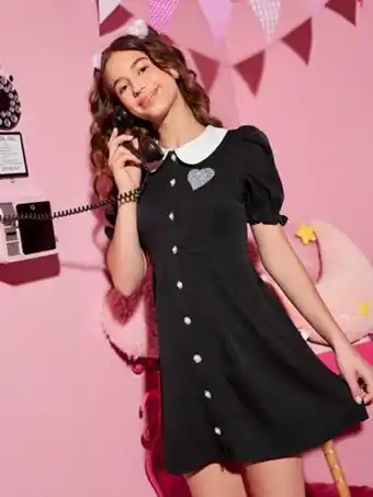SheIn Shein teen girls heart patched button through dress offer
