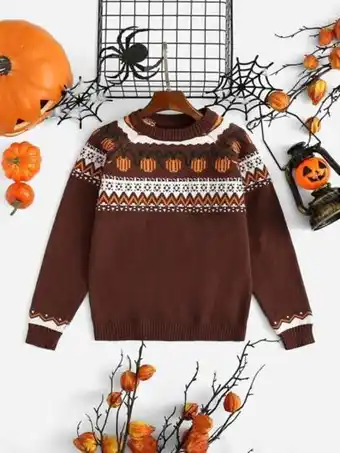 SheIn Shein girls halloween pumpkin & chevron pattern raglan sleeve sweater offer