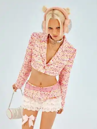 SheIn Shein allover print crop blazer & lace trim skort without chain offer