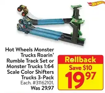 Walmart Hot wheels monster trucks roarin' rumble track set or monster trucks 1:64 scale color shifters trucks 3-pack offer