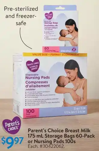 Walmart Parent's choice breast milk storage bags 60-pack or nursing pads offer