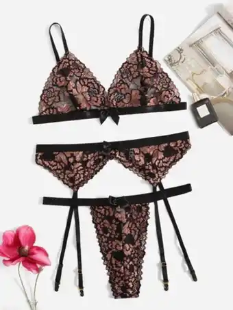 SheIn Plus floral lace garter thong lingerie set offer