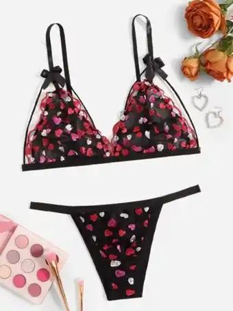 SheIn Plus heart embroidery mesh lingerie set offer