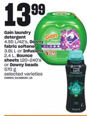 Loblaws Gain laundry detergent, downy fabric softener or infusions, bounce sheets or downy beads offer