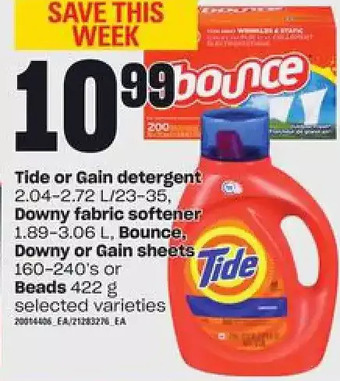 Loblaws Tide or gain detergent, downy fabric softener, bounce, downy or gain sheets or beads offer