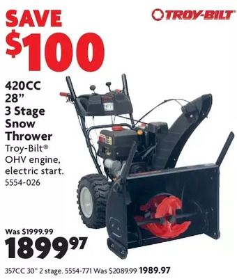 Home Hardware 420cc 28" 3 stage snow thrower | 357cc 30" 2 stage offer
