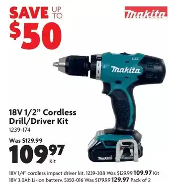 Home Hardware 18v 1/2" cordless drill/driver kit | 18v 1/4" cordless impact driver kit | 18v 3.0ah li-ion battery offer