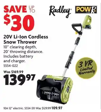 Home Hardware 20v li-ion cordless snow thrower | electric, 10 a, 12" offer