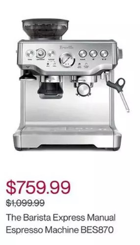 Hudson's Bay Breville the barista express manual espresso machine bes870 offer