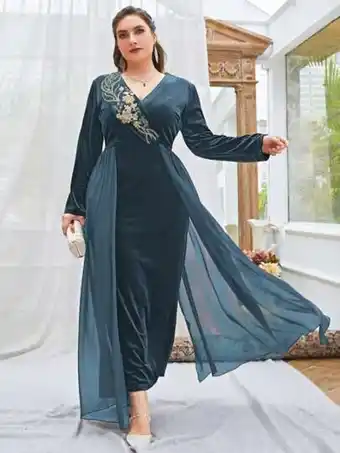 SheIn Plus velvet floral embroidery contrast chiffon maxi dress offer