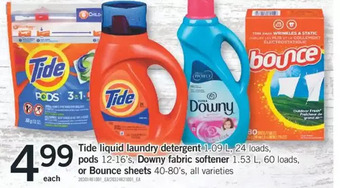 Fortinos Tide liquid laundry detergent, pods, downy fabric softener or bounce sheets offer