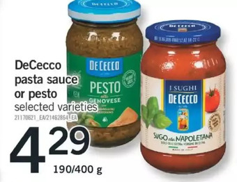 Fortinos Dececco pasta sauce or pesto offer