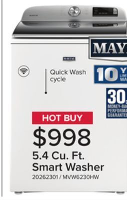 Leon's Maytag white smart top load washer (5.4 cu.ft.) - mvw6230hw offer