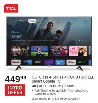 The Source Tcl 55" class 4-series 4k uhd hdr led smart google tv offer