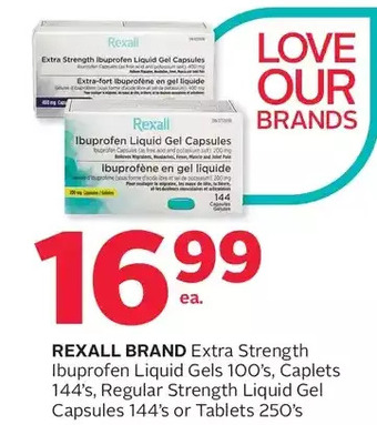 Rexall Rexall brand extra strength ibuprofen liquid gels, caplets, regular strength liquid gel capsules or tablets offer
