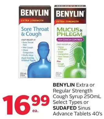 Rexall Benylin extra or regular strength cough syrup or sudafed sinus advance tablets offer