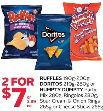 Rexall Ruffles, doritos or humpty dumpty party mix, ringolos, sour cream & onion rings or cheese sticks offer