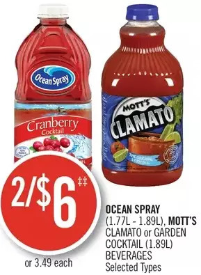 Shoppers Drug Mart Ocean spray, mott's clamato or garden cocktail beverages offer