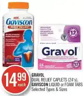 Shoppers Drug Mart Gravol dual relief caplets | gaviscon liquid or foam tabs offer