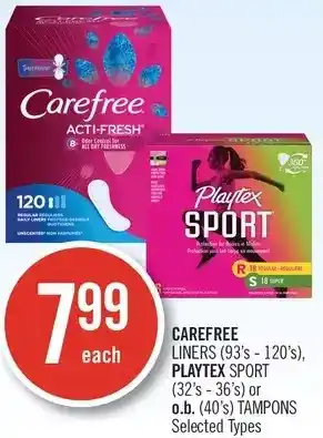 Shoppers Drug Mart Carefree liners, playtex sport or o.b. tampons offer