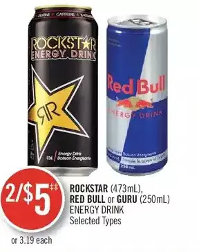 Shoppers Drug Mart Rockstar, red bull or guru energy drink offer