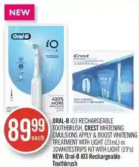 Shoppers Drug Mart Oral-b i03 rechargeable toothbrush, crest émulsions blanchissantes apply & boost whitening treatment with light or 3dwhitestr offer