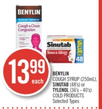 Shoppers Drug Mart Benylin cough syrup (250ml), sinutab (48's) or tylenol (36's - 40's) cold products offer