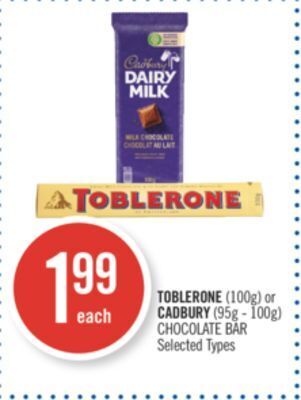 Shoppers Drug Mart Toblerone (100g) or cadbury (95g - 100g) chocolate bar offer