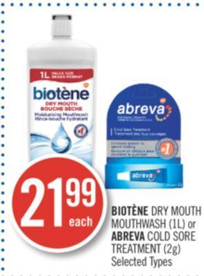 Shoppers Drug Mart Biotène dry mouth mouthwash (1l) or abreva cold sore treatment (2g) offer