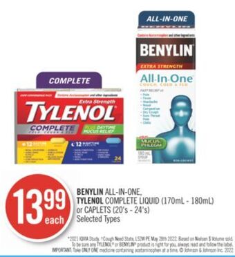 Shoppers Drug Mart Benylin all-in-one, tylenol complete liquid (170ml - 180ml) or caplets (20's - 24's) offer