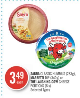 Shoppers Drug Mart Sabra classic hummus (283g), marzetti dip (340g) or the laughing cow cheese portions (8's) offer