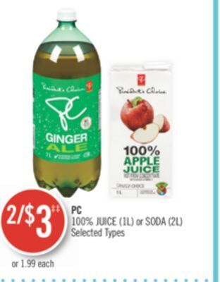Shoppers Drug Mart Pc 100% juice (1l) or soda (2l) offer