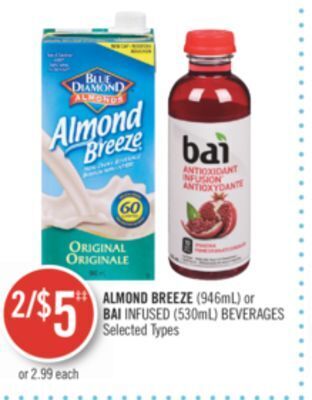 Shoppers Drug Mart Almond breeze (946ml) or bai infused (530ml) beverages offer