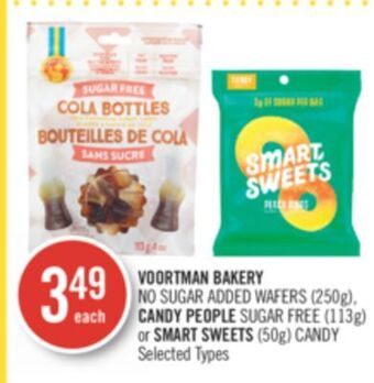 Shoppers Drug Mart Voortman bakery no sugar added wafers (250g), candy people sugar free (113g) or smart sweets (50g) candy offer