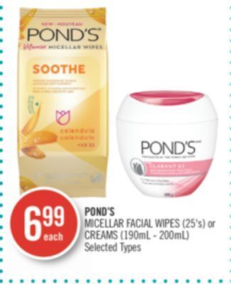 Shoppers Drug Mart Pond's micellar facial wipes (25's) or creams (190ml - 200ml) offer