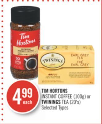 Shoppers Drug Mart Tim hortons instant coffee (100g) or twinings tea (20's) offer