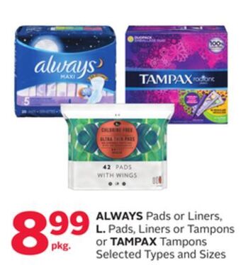 Rexall Always pads or liners, l. pads, liners or tampons or tampax tampons offer