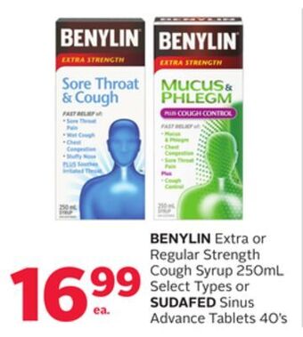 Rexall Benylin extra or regular strength cough syrup 250ml select types or sudafed sinus advance tablets 40' s offer