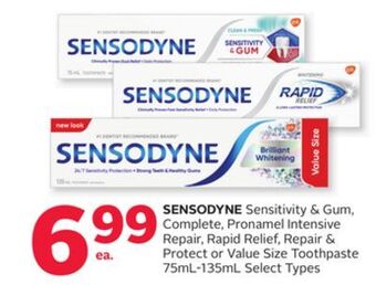 Rexall Sensodyne sensitivity & gum, complete, pronamel intensive repair, rapid relief, repair & protect or value size toothpaste offer