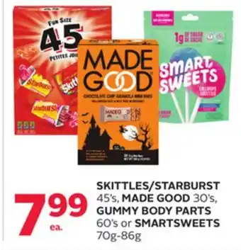 Rexall Skittles/starburst 45' s, made good 30' s, gummy body parts 60' s or smartsweets 70g-86g offer