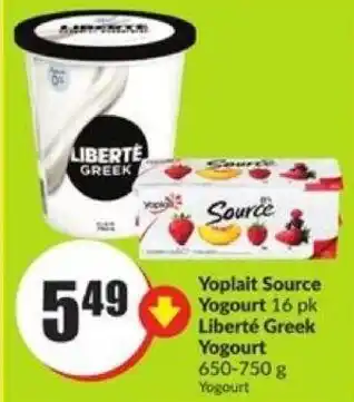 FreshCo Yoplait Source Yoghurt 16 pk Liberté Greek Yoghurt 650-750 g offer
