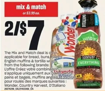 Valu-mart Wonder, country harvest, d'italiano bread, buns, bagels, english muffins & tortilla wraps offer