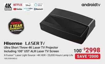 Visions Electronics Hisense ultra short throw 4k laser tv projector including 100" ust alr laser tv screen offer
