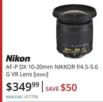 Vistek Nikon af-p dx 10-20mm nikkor f/4.5-5.6 g vr lens [demo] offer