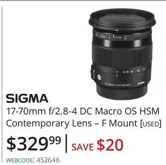 Vistek Sigma 17-70mm f/2.8-4 dc macro os hsm contemporary lens – f mount [used] offer
