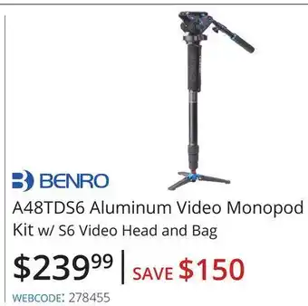Vistek Benro a48tds6 aluminum video monopod kit w/ s6 video head and bag offer