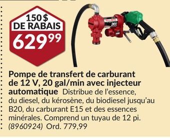 Princess Auto Pompe de transfert de carburant de 12 v, 20 gal/min avec injecteur automatique offer